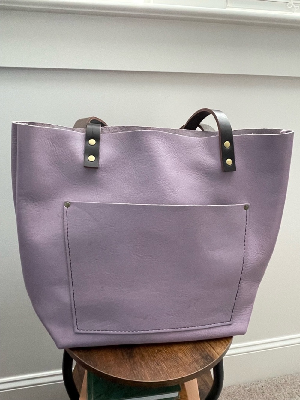 Portland Leather lavender tote with dark brown handles - Picture 3 of 6